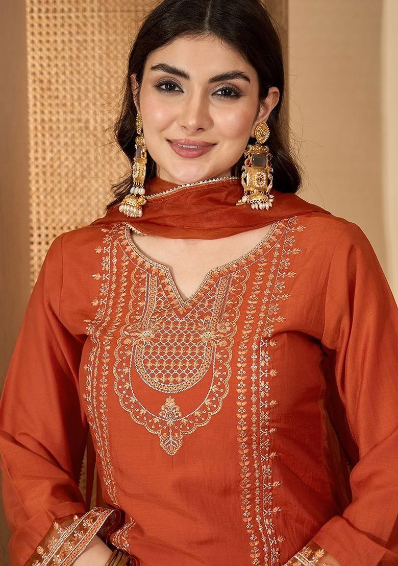 Rust Embroidered Blended Kurta Set - Indya
