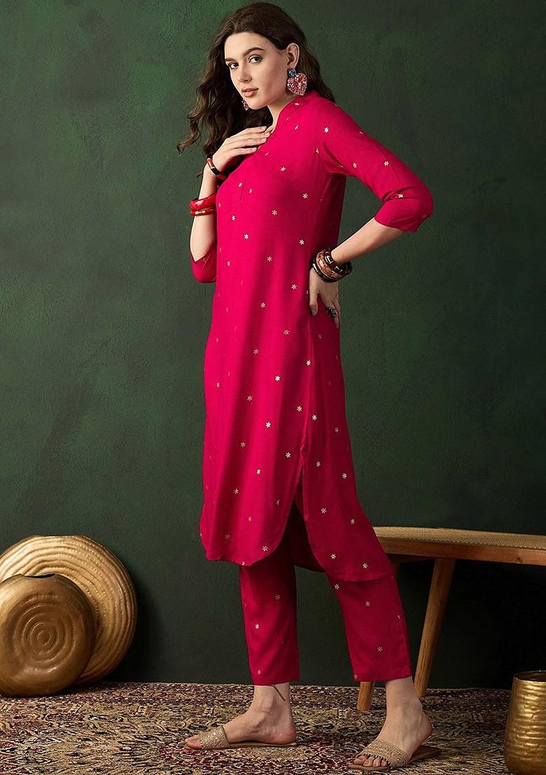 Pink Printed Blended Kurta Set - Indya