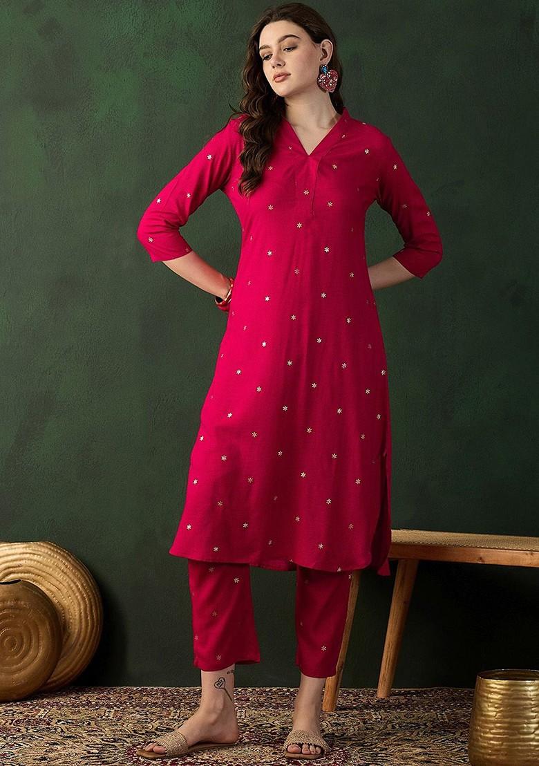 Pink Printed Blended Kurta Set - Indya