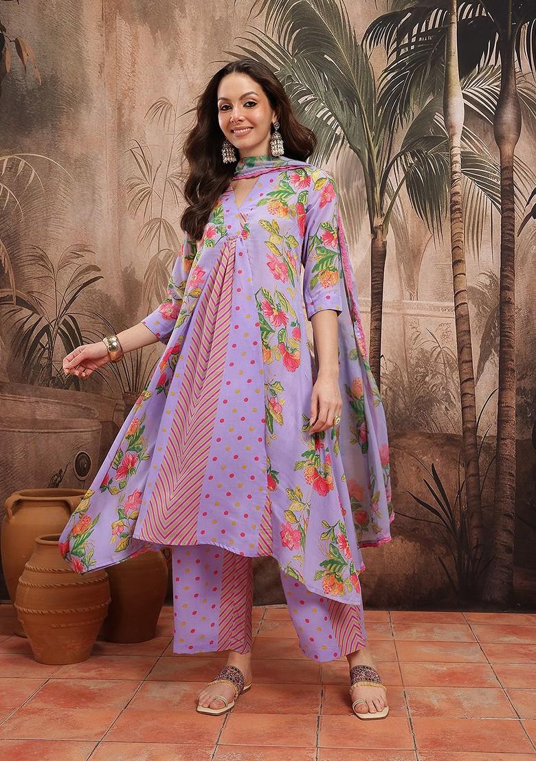 Purple Printed Blended Kurta Set - Indya