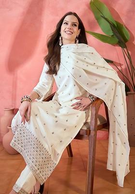 Off White Embroidered Blended Kurta Set