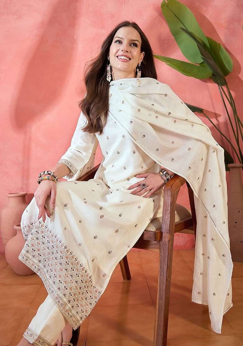 Off White Embroidered Blended Kurta Set - Indya
