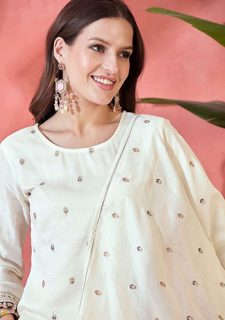 Off White Embroidered Blended Kurta Set - Indya