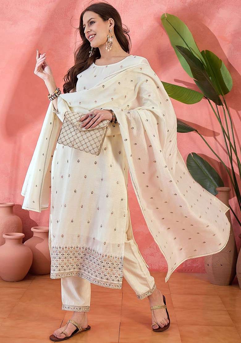 Off White Embroidered Blended Kurta Set - Indya
