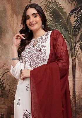White Printed Blended Kurta Set