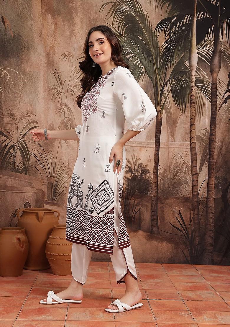 White Printed Blended Kurta Set - Indya