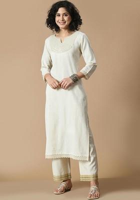 Cream Embroidered Blended Kurta Set
