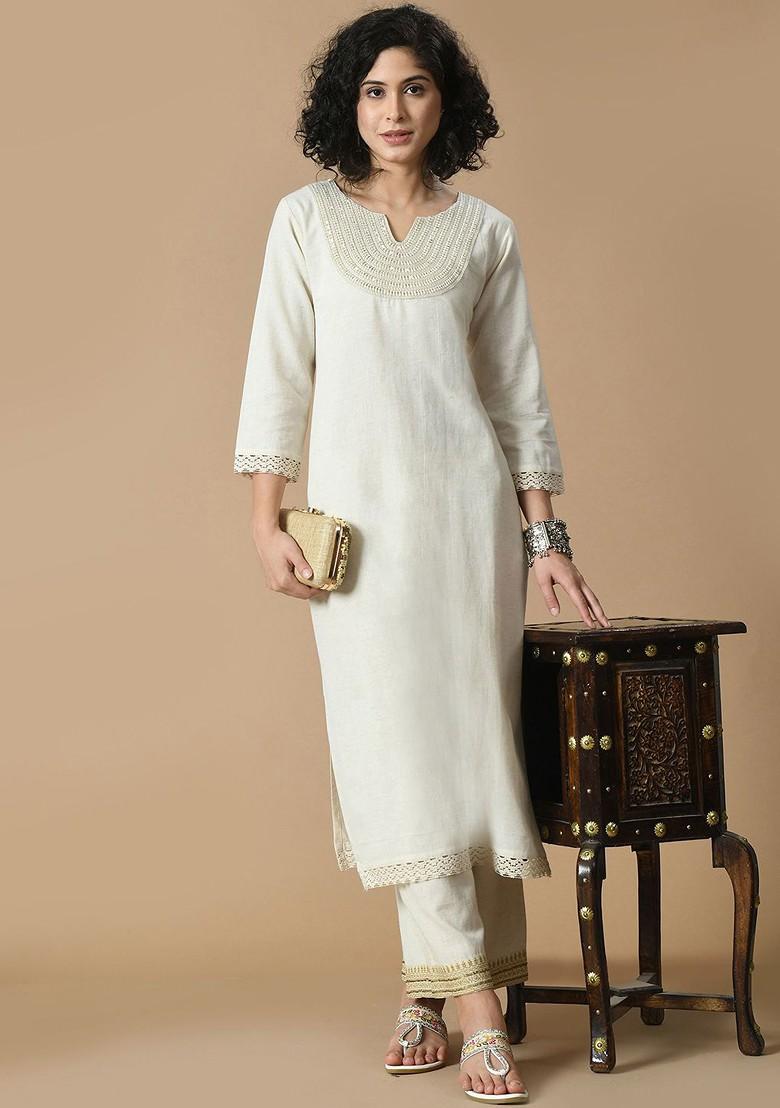 Cream Embroidered Blended Kurta Set - Indya