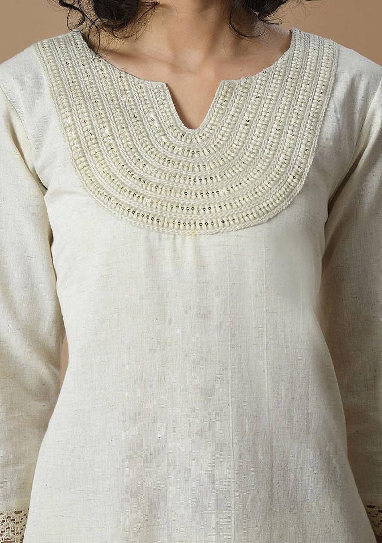 Cream Embroidered Blended Kurta Set - Indya