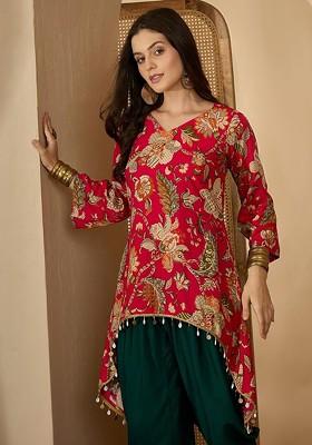 Pink Printed Blended Kurta Set