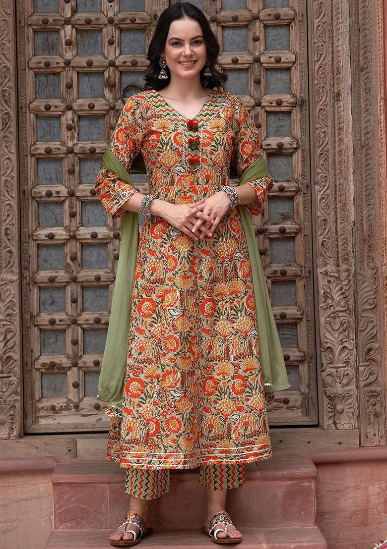 Olive Printed Blended Kurta Set - Indya