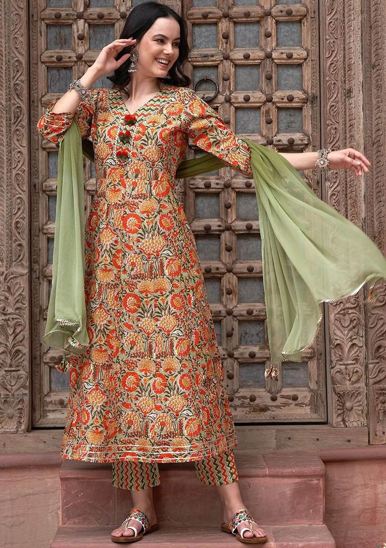 Olive Printed Blended Kurta Set - Indya