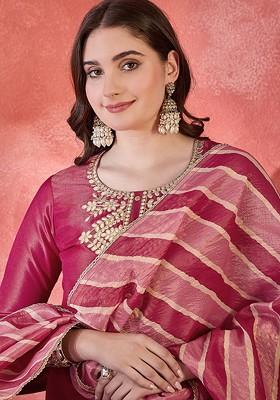 Magenta Embroidered Blended Kurta Set