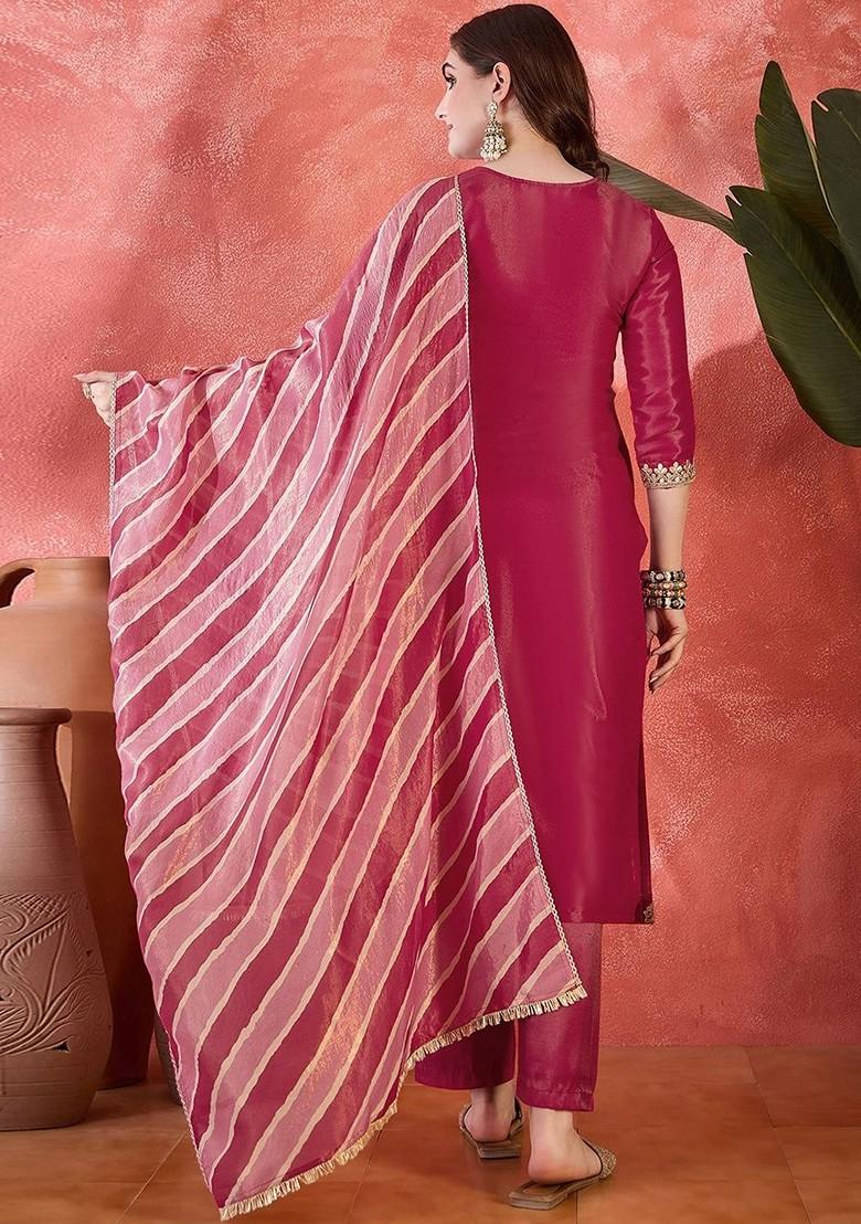 Magenta Embroidered Blended Kurta Set - Indya