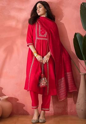 Red Embroidered Blended Kurta Set