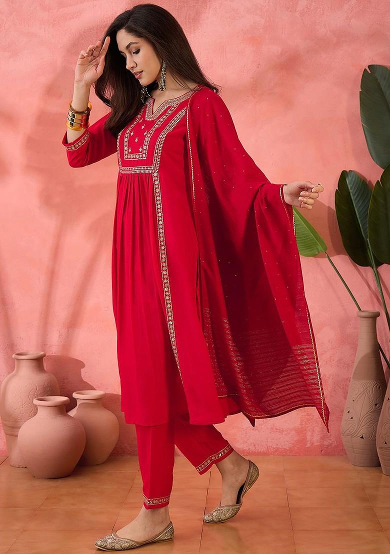 Red Embroidered Blended Kurta Set - Indya