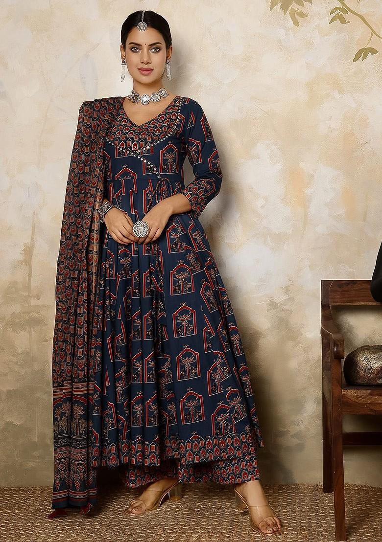 Navy Blue Printed Blended Kurta Set - Indya