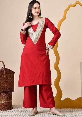 Red Sequinned Blended Kurta Set