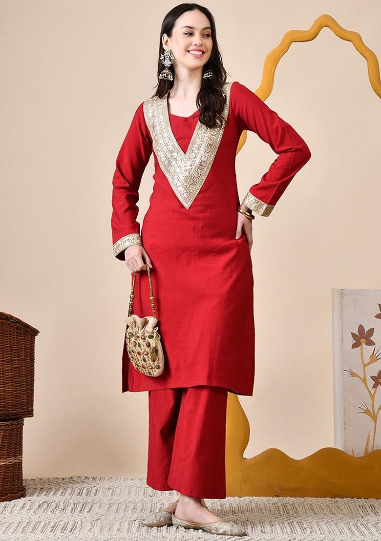 Red Sequinned Blended Kurta Set - Indya