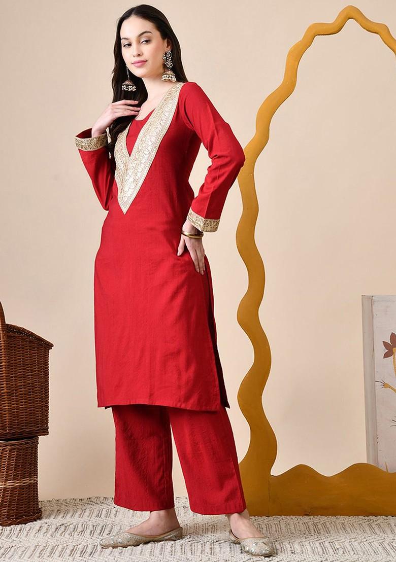 Red Sequinned Blended Kurta Set - Indya