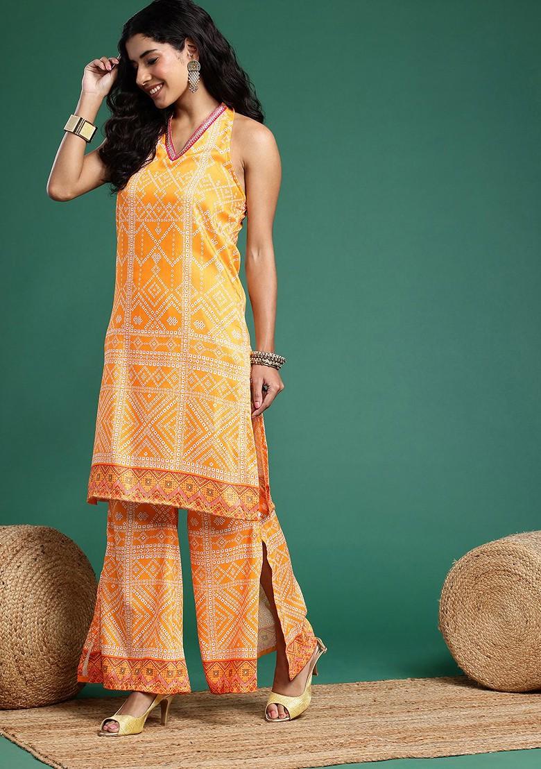Yellow Printed Blended Kurta Set - Indya