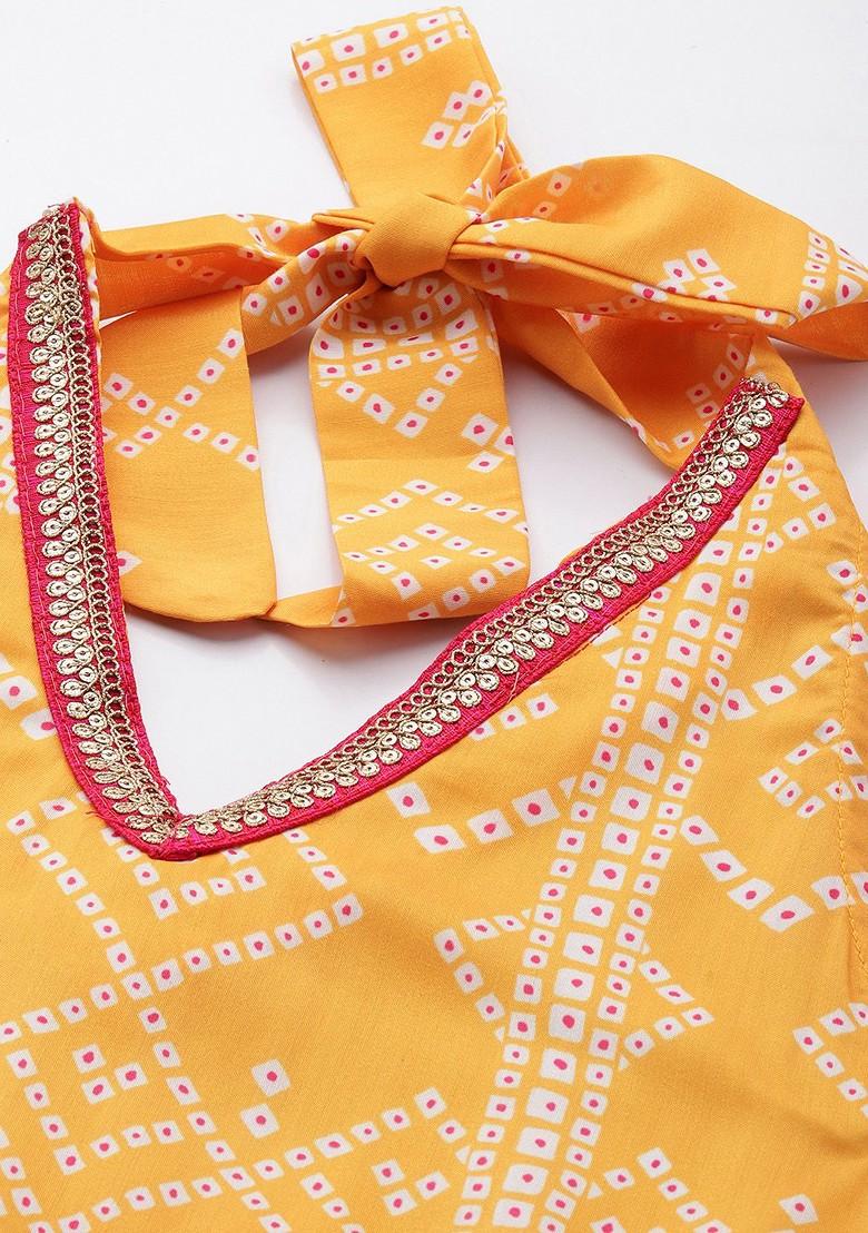 Yellow Printed Blended Kurta Set - Indya