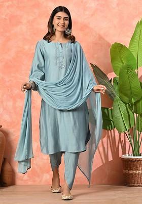 Blue Solid Blended Kurta Set