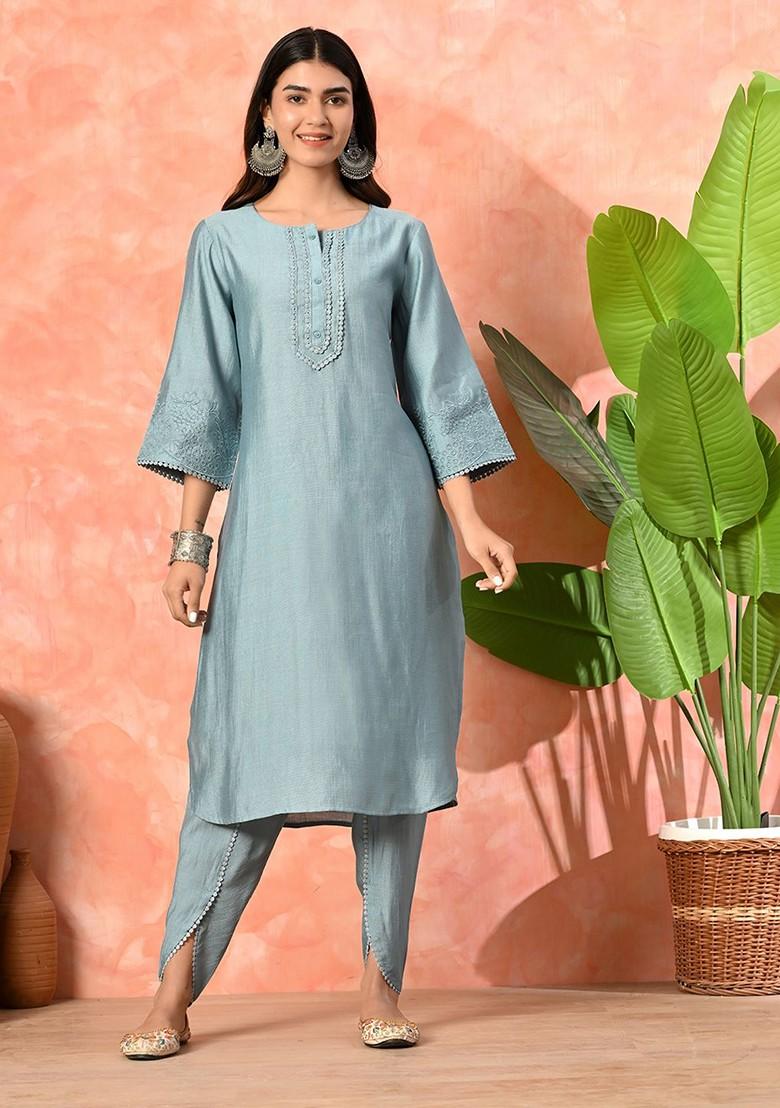 Blue Solid Blended Kurta Set - Indya