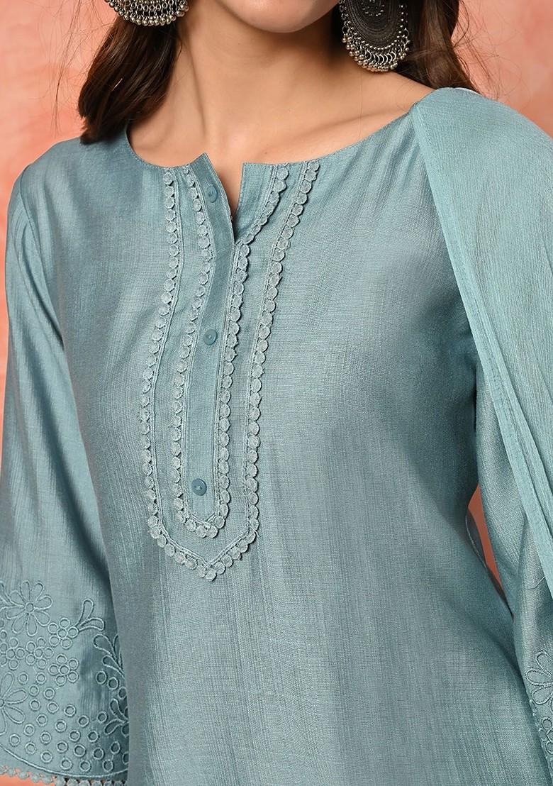Blue Solid Blended Kurta Set - Indya
