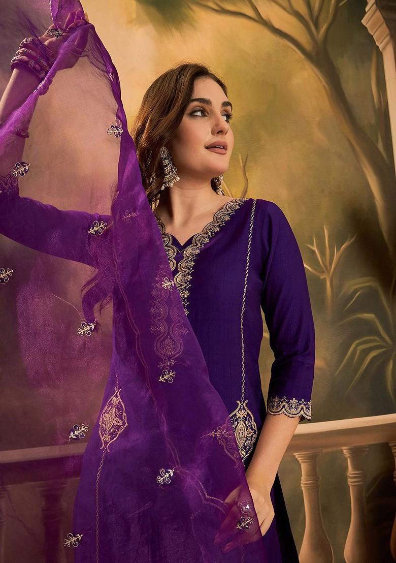 Purple Embroidered Blended Kurta Set - Indya
