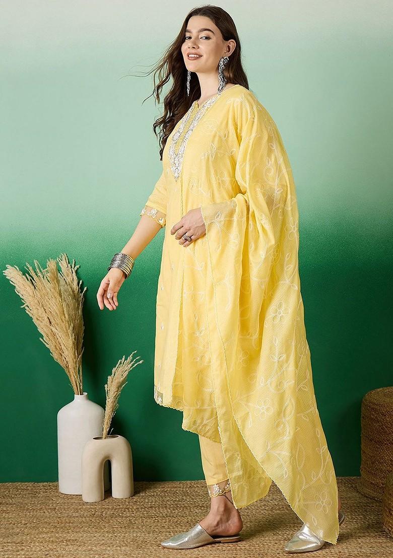 Yellow Embroidered Blended Kurta Set - Indya