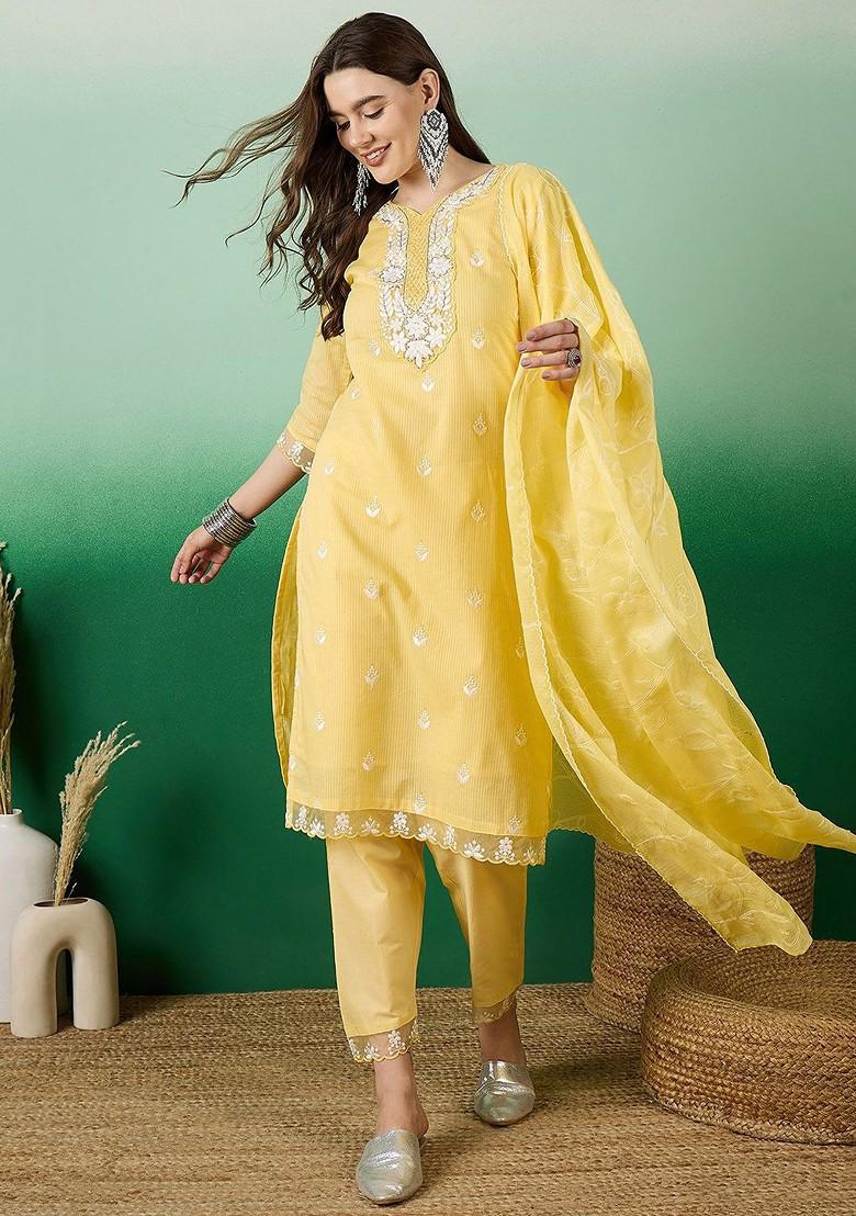Yellow Embroidered Blended Kurta Set - Indya