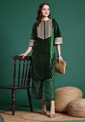 Green Embroidered Blended Kurta Set