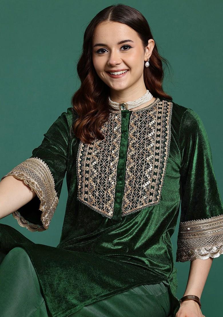 Green Embroidered Blended Kurta Set - Indya