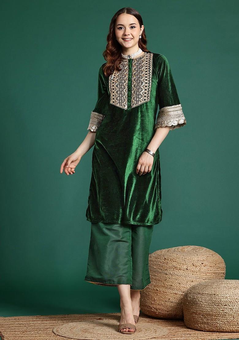 Green Embroidered Blended Kurta Set - Indya