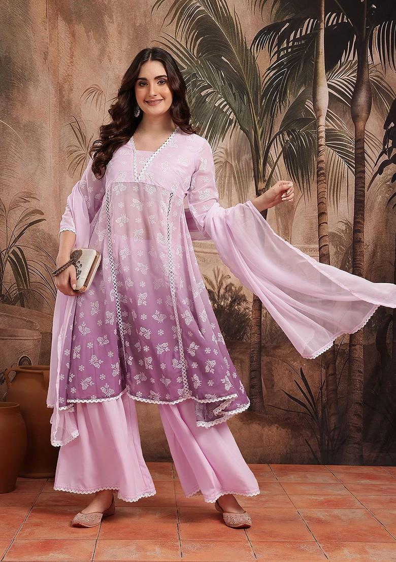 Pink Printed Blended Kurta Set - Indya