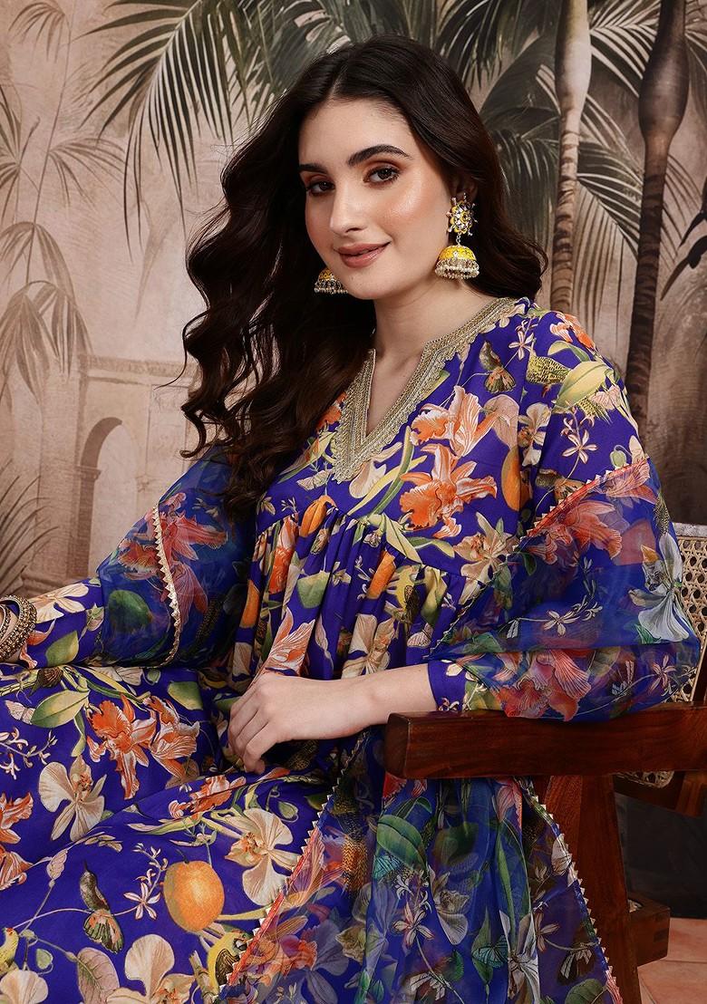 Blue Printed Blended Kurta Set - Indya