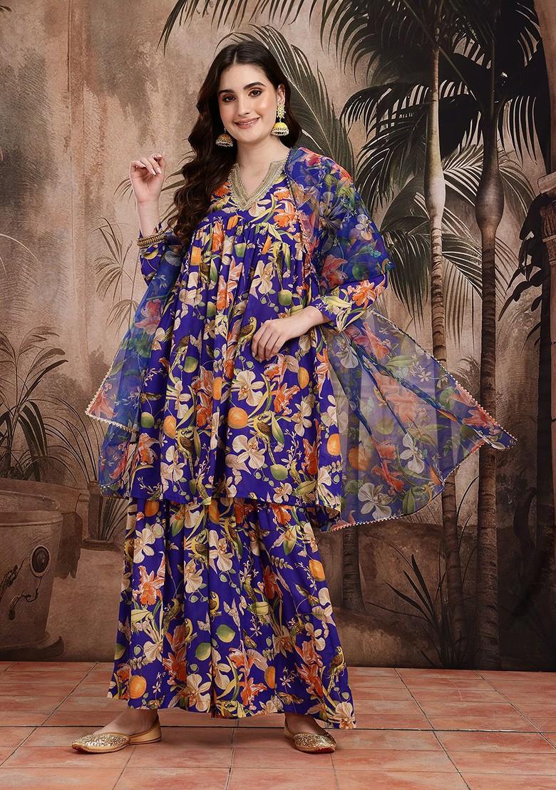 Blue Printed Blended Kurta Set - Indya