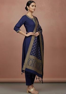 Navy Blue Embroidered Blended Kurta Set