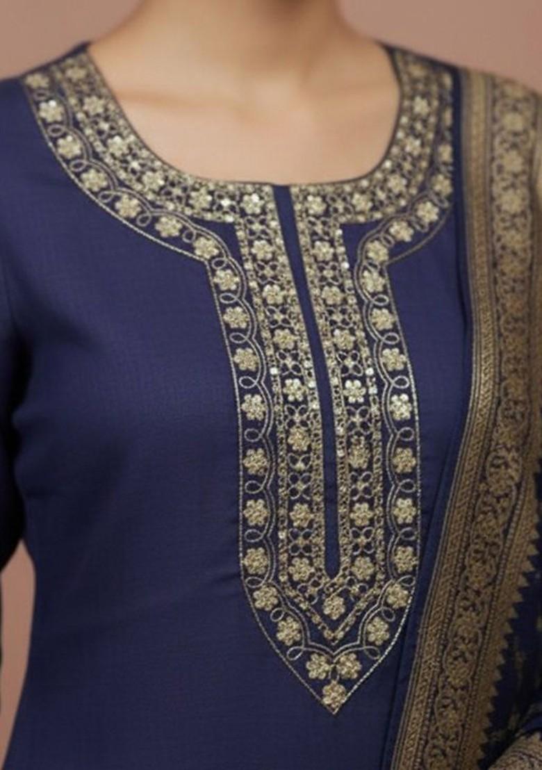 Navy Blue Embroidered Blended Kurta Set - Indya