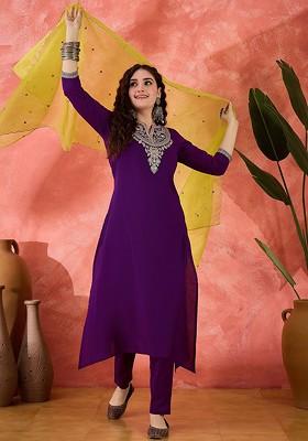Purple Embroidered Blended Kurta Set