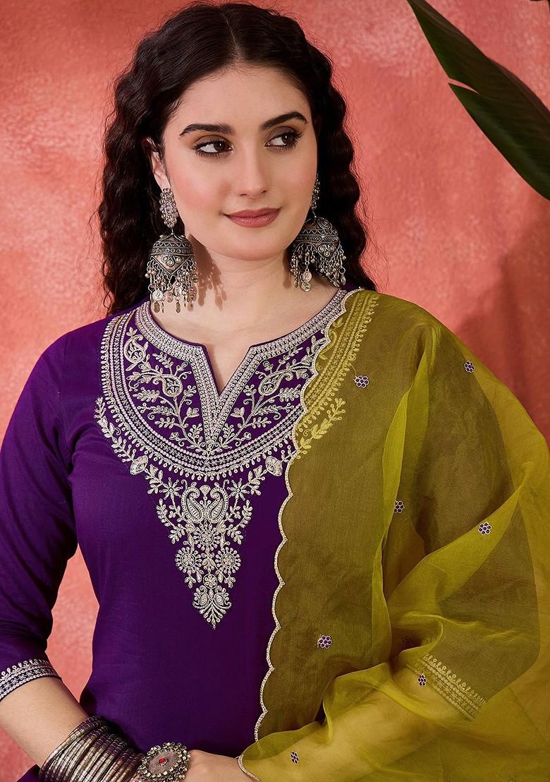 Purple Embroidered Blended Kurta Set - Indya