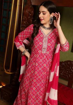 Pink Printed Blended Kurta Set
