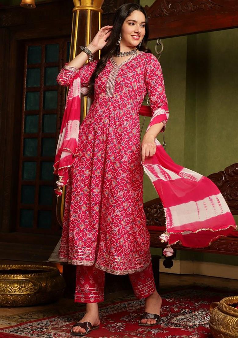 Pink Printed Blended Kurta Set - Indya