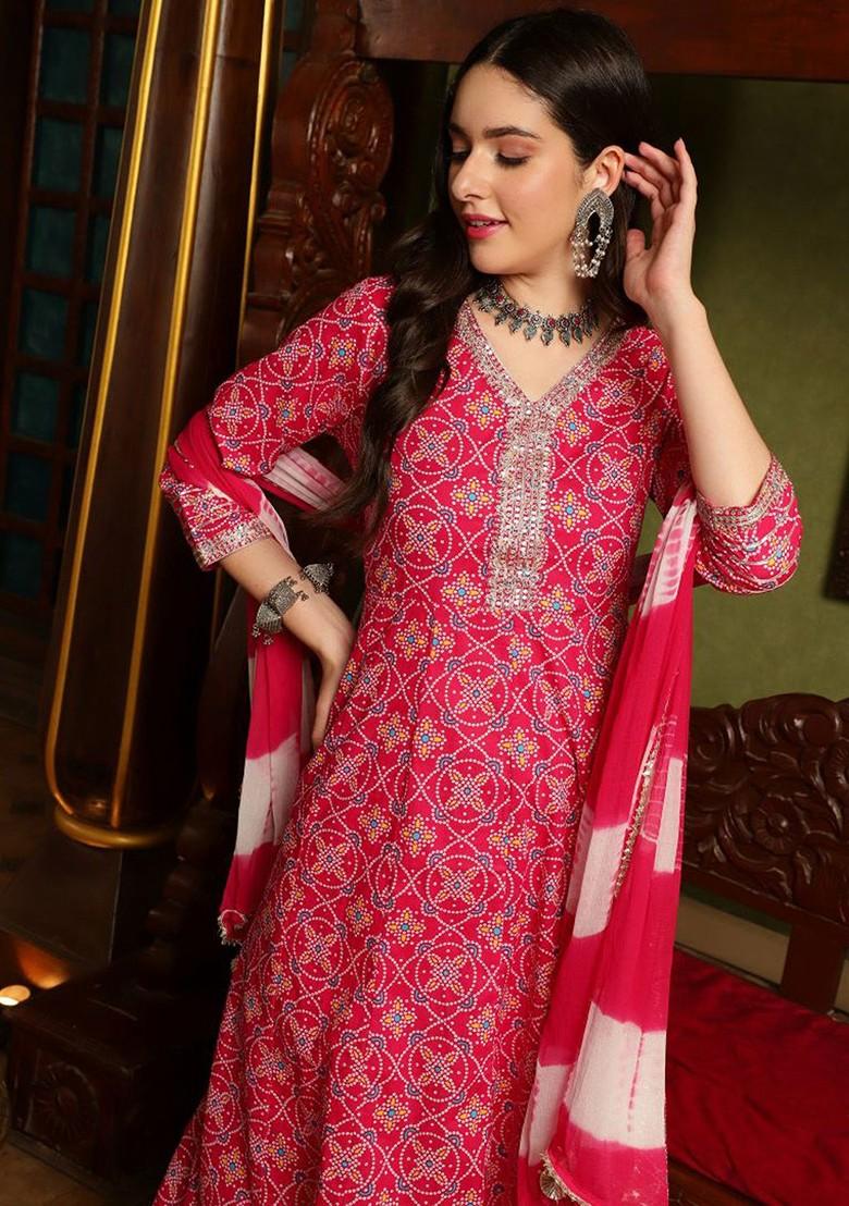 Pink Printed Blended Kurta Set - Indya