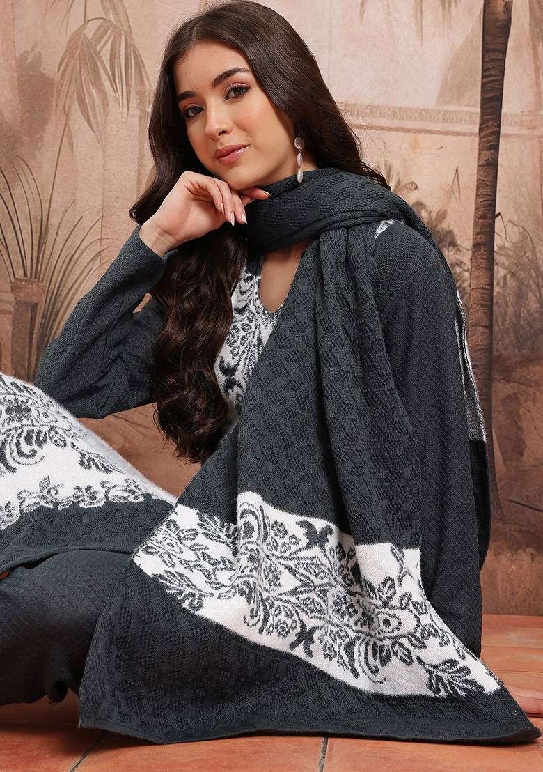 Grey Woven Design Blended Kurta Set - Indya