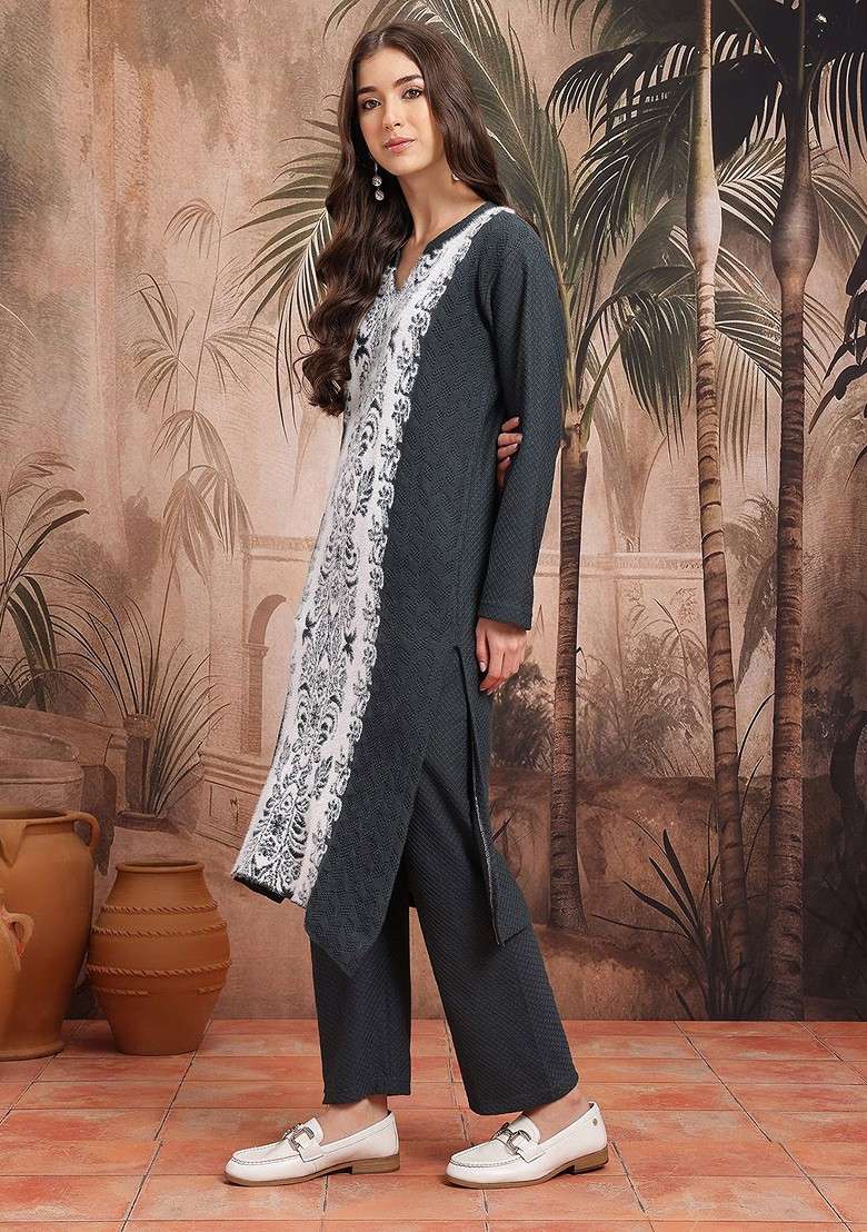 Grey Woven Design Blended Kurta Set - Indya