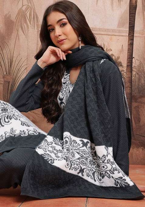 Grey Woven Design Blended Kurta Set