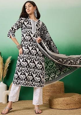 Black Printed Blended Kurta Set