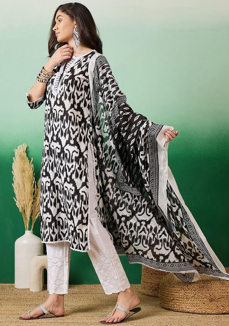 Black Printed Blended Kurta Set - Indya